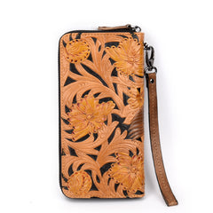 Womens Bird Floral Tan Leather Wristlet Wallet Zip Around Wallets Floral Ladies Zipper Clutch Wallet for Women