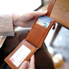 Womens Brown Leather Card Holders Wallet Vertical Slim Billfold Wallet Card Holders for Ladies