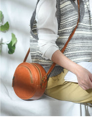 Womens Brown Leather Round Crossbody Bag Handmade Round Small Shoulder Bag for Women