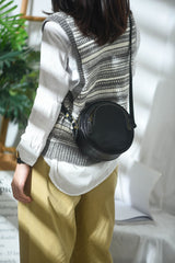 Womens Brown Leather Round Crossbody Bag Handmade Round Small Shoulder Bag for Women