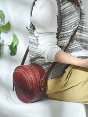 Womens Red Leather Round Crossbody Bag Handmade Round Small Shoulder Bag for Women