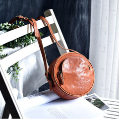 Womens Brown Leather Round Crossbody Bag Handmade Round Small Shoulder Bag for Women