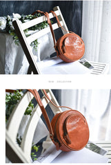 Womens Brown Leather Round Crossbody Bag Handmade Round Small Shoulder Bag for Women