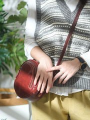 Womens Red Leather Round Crossbody Bag Handmade Round Small Shoulder Bag for Women