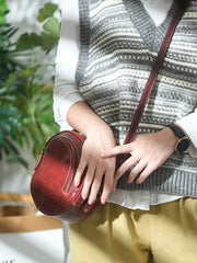 Womens Black Leather Round Crossbody Bag Handmade Round Small Shoulder Bag for Women