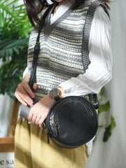 Womens Black Leather Round Crossbody Bag Handmade Round Small Shoulder Bag for Women