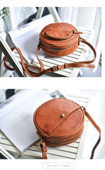 Womens Brown Leather Round Crossbody Bag Handmade Round Small Shoulder Bag for Women