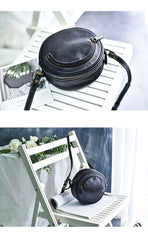 Womens Black Leather Round Crossbody Bag Handmade Round Small Shoulder Bag for Women