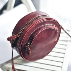 Womens Brown Leather Round Crossbody Bag Handmade Round Small Shoulder Bag for Women