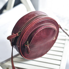 Womens Red Leather Round Crossbody Bag Handmade Round Small Shoulder Bag for Women