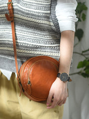 Womens Brown Leather Round Crossbody Bag Handmade Round Small Shoulder Bag for Women