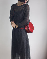 Womens Black Leather Round Handbag Crossbody Purse With Tassels Black Round Shoulder Bags for Women