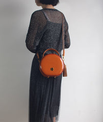 Womens Black Leather Round Handbag Crossbody Purse With Tassels Black Round Shoulder Bags for Women
