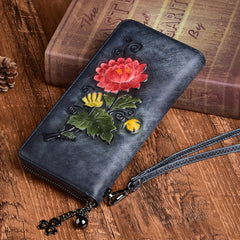 Womens Coffee Leather Zip Around Wallet Chrysanthemum Flower Wristlet Wallet Floral Ladies Zipper Clutch Wallet for Women