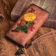 Womens Brown Leather Zip Around Wallet Chrysanthemum Flower Wristlet Wallet Floral Ladies Zipper Clutch Wallet for Women
