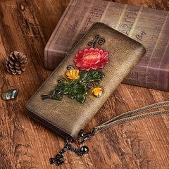 Womens Brown Leather Zip Around Wallet Chrysanthemum Flower Wristlet Wallet Floral Ladies Zipper Clutch Wallet for Women