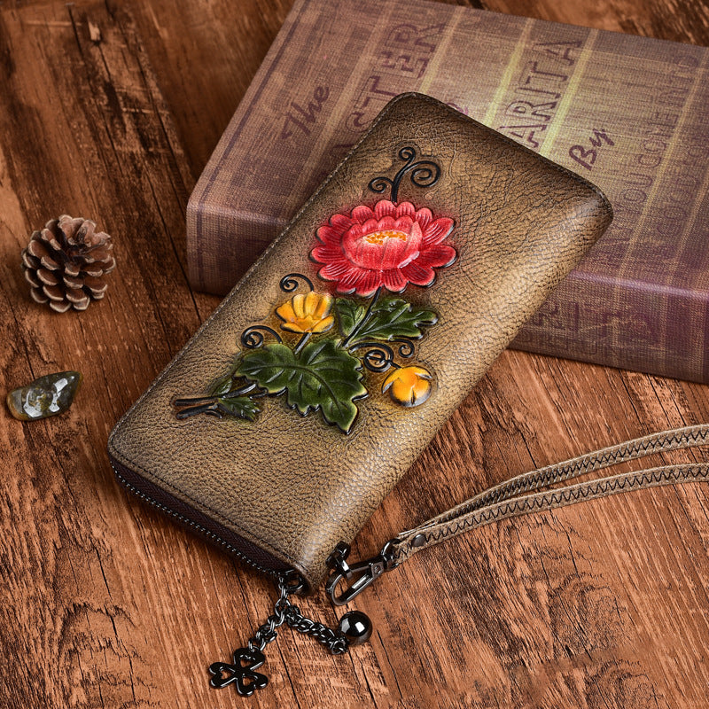 Womens Coffee Leather Zip Around Wallet Chrysanthemum Flower Wristlet Wallet Floral Ladies Zipper Clutch Wallet for Women