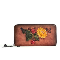 Womens Brown Leather Zip Around Wallet Chrysanthemum Flower Wristlet Wallet Floral Ladies Zipper Clutch Wallet for Women