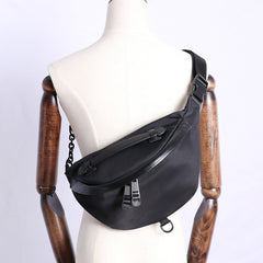 Womens Black Nylon Leather Fanny Pack Nylon Chest Bag Black Womens Hip Bag Waist Bag For Women