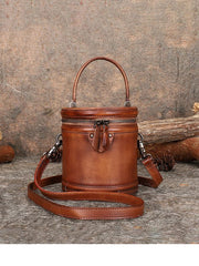 Womens Green Leather Barrel Handbag Purses Vintage Handmade Round Shoulder Bag Bucket Crossbody Handbag for Women