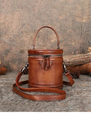 Womens Brown Leather Barrel Handbag Purses Vintage Handmade Round Shoulder Bag Bucket Crossbody Handbag for Women