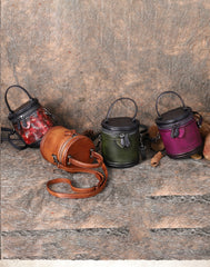 Womens Green Leather Barrel Handbag Purses Vintage Handmade Round Shoulder Bag Bucket Crossbody Handbag for Women