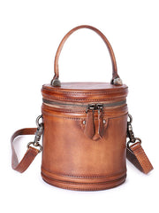 Womens Brown Leather Barrel Handbag Purses Vintage Handmade Round Shoulder Bag Bucket Crossbody Handbag for Women