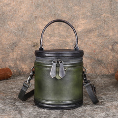 Womens Green Leather Barrel Handbag Purses Vintage Handmade Round Shoulder Bag Bucket Crossbody Handbag for Women