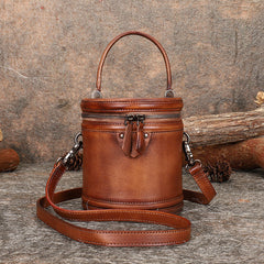 Womens Brown Leather Barrel Handbag Purses Vintage Handmade Round Shoulder Bag Bucket Crossbody Handbag for Women