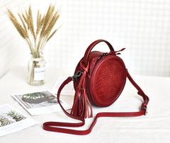 Womens Red Leather Round Crossbody Bag Crocodile Pattern Vintage Round Handbag Shoulder Bag for Women
