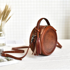 Womens Red Leather Round Crossbody Bag Crocodile Pattern Vintage Round Handbag Shoulder Bag for Women