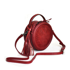 Womens Red Leather Round Crossbody Bag Crocodile Pattern Vintage Round Handbag Shoulder Bag for Women