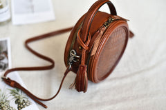 Womens Brown Leather Round Crossbody Bag Crocodile Pattern Vintage Round Handbag Shoulder Bag for Women