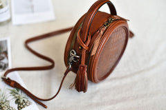 Womens Brown Leather Round Crossbody Bag Crocodile Pattern Vintage Round Handbag Shoulder Bag for Women