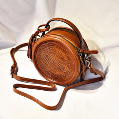 Womens Brown Leather Round Crossbody Bag Crocodile Pattern Vintage Round Handbag Shoulder Bag for Women