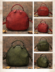 Womens Red Leather Round Handbag Purses Vintage Handmade Round Shoulder Bag Crossbody Handbag for Women