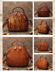 Womens Mix Brown Leather Round Handbag Purses Vintage Handmade Round Shoulder Bag Crossbody Handbag for Women