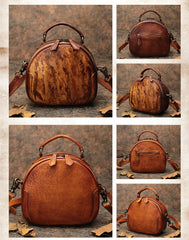 Womens Brown Leather Round Handbag Purses Vintage Handmade Round Shoulder Bag Crossbody Handbag for Women