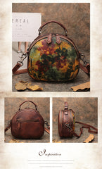 Womens Red Leather Round Handbag Purses Vintage Handmade Round Shoulder Bag Crossbody Handbag for Women