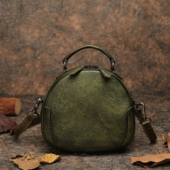 Womens Green Leather Round Handbag Purses Vintage Handmade Round Shoulder Bag Crossbody Handbag for Women