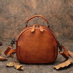 Womens Mix Brown Leather Round Handbag Purses Vintage Handmade Round Shoulder Bag Crossbody Handbag for Women