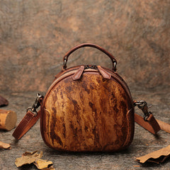 Womens Mix Brown Leather Round Handbag Purses Vintage Handmade Round Shoulder Bag Crossbody Handbag for Women