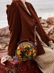 Womens Mix Brown Leather Round Handbag Purses Vintage Handmade Round Shoulder Bag Crossbody Handbag for Women