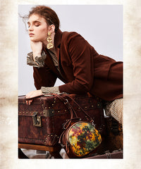 Womens Brown Leather Round Handbag Purses Vintage Handmade Round Shoulder Bag Crossbody Handbag for Women