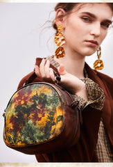 Womens Mix Green Leather Round Handbag Purses Vintage Handmade Round Shoulder Bag Crossbody Handbag for Women