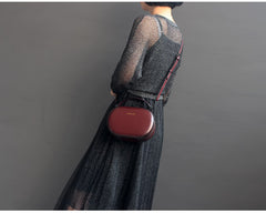 Womens Red Leather Small Round Handbag Purse Round Crossbody Bag Shoulder Bag for Women