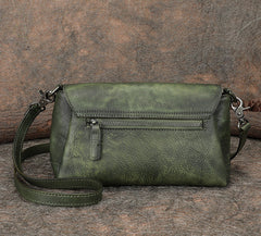 Womens Green Leather Vintage Handmade Shoulder Bag - Wallet Flat Lay