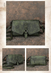 Womens Green Leather Vintage Handmade Shoulder Bag - Chain Detail