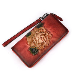 Womens Leather Zip Around Wallet Peony Flower Wristlet Wallet Floral Ladies Zipper Clutch Wallet for Women