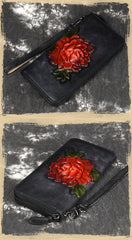 Womens Red Leather Zip Around Wallet Peony Flower Wristlet Wallet Floral Ladies Zipper Clutch Wallet for Women